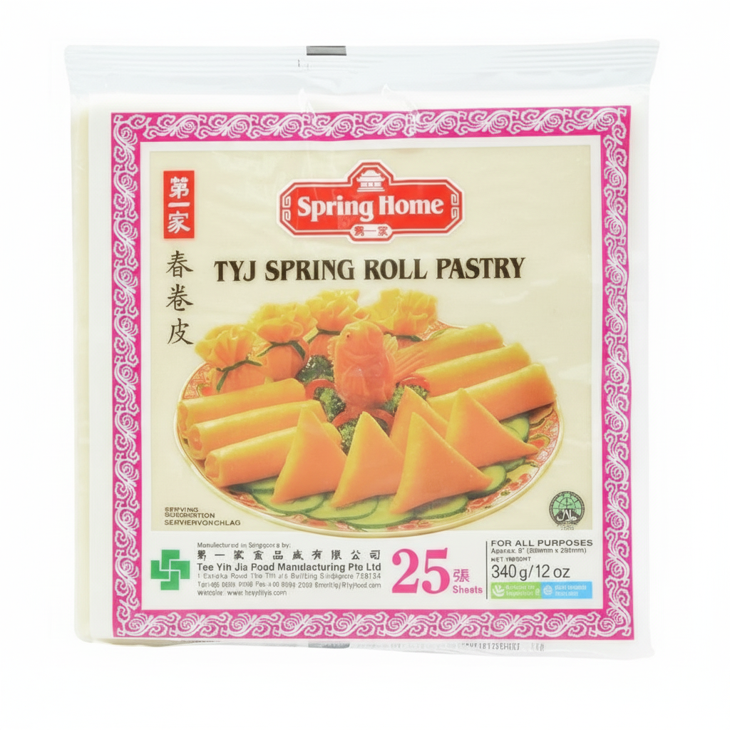 Spring Home TYJ Spring Roll Pastry packaging with a picture of spring roll slices on a white background.