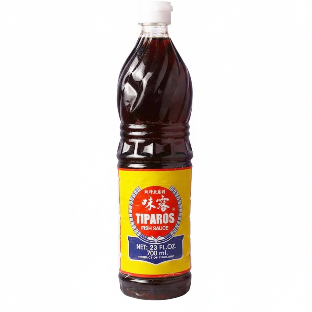 Bottle of Tiparos fish sauce with a yellow label on a white background