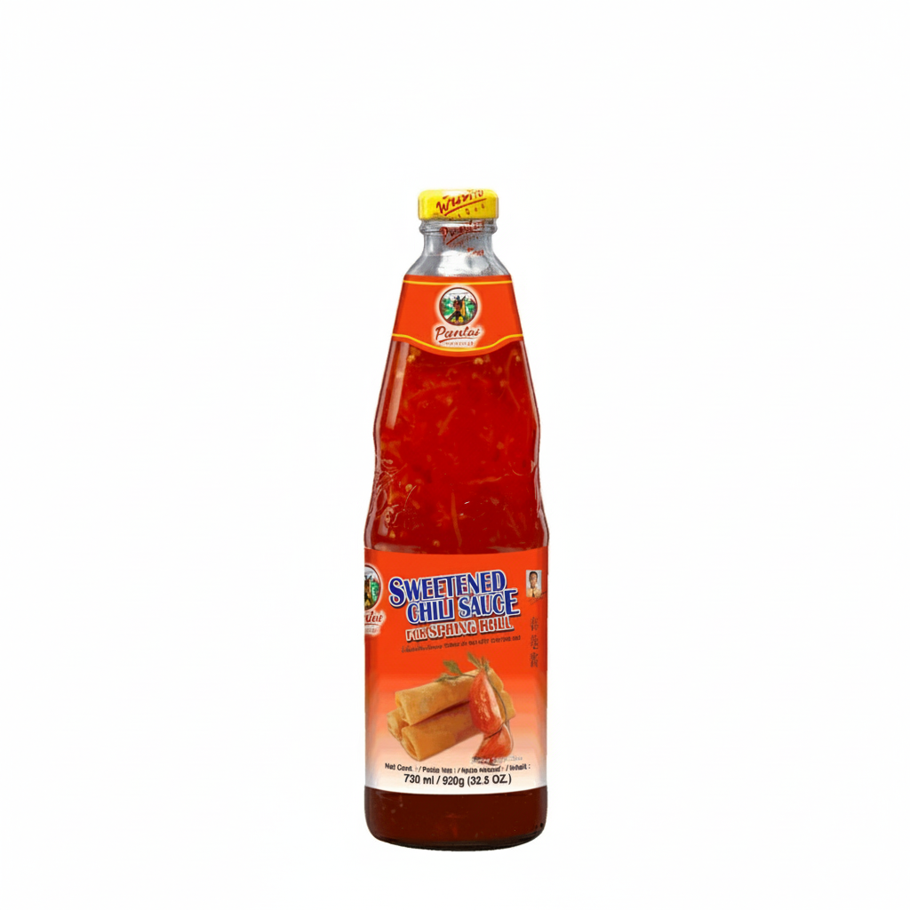 Bottle of sweetened chili sauce with a red label on a white background