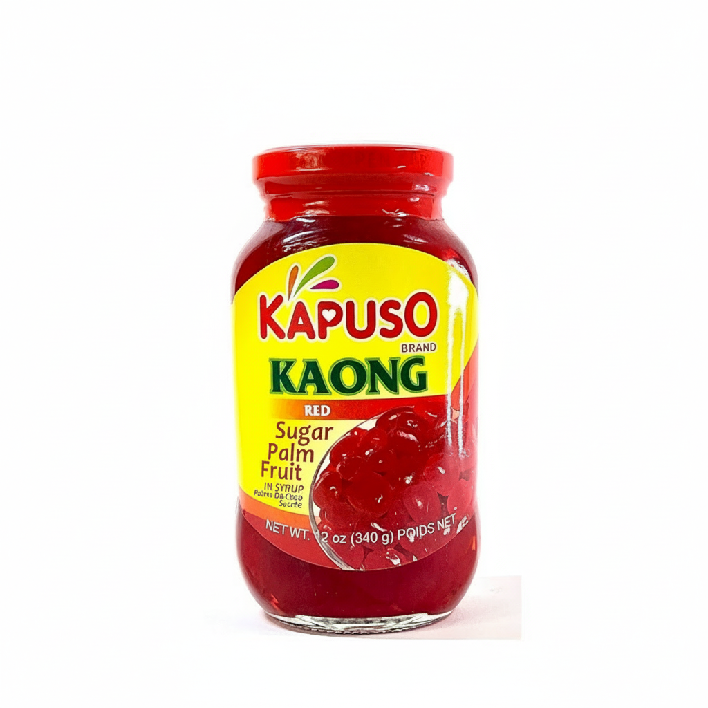 Jar of Kapuso brand Kaong red sugar palm fruit on a white background