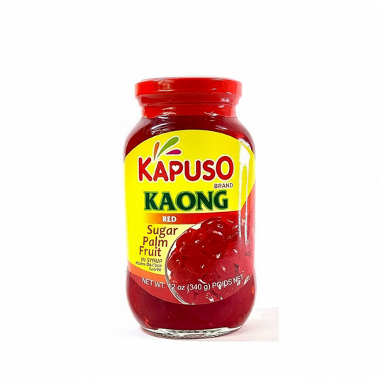 Jar of Kapuso brand Kaong red sugar palm fruit on a white background
