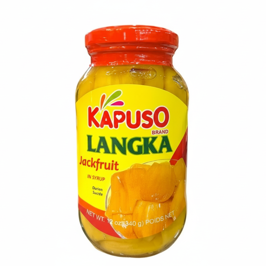 Jar of Kapuso Brand Langka Jackfruit in syrup on a white background