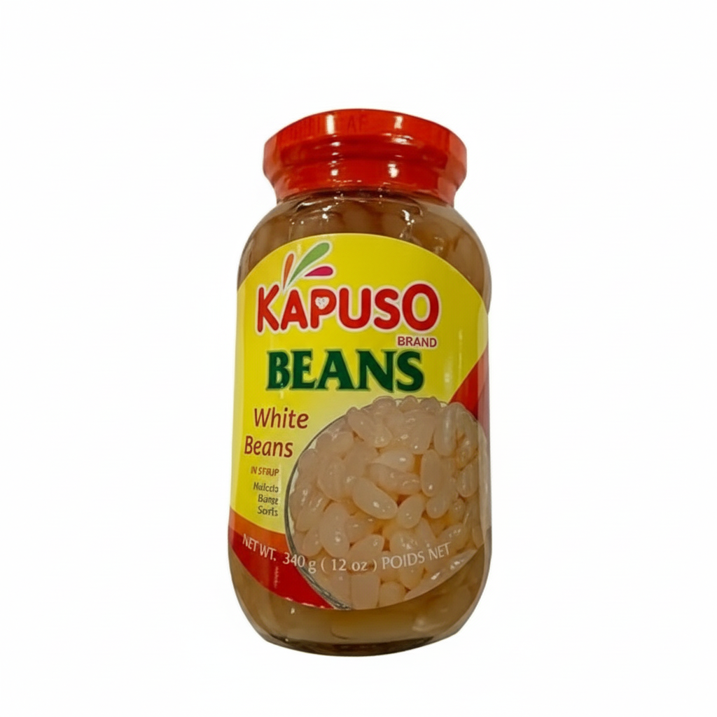 Jar of Kapuso brand white beans on a white background