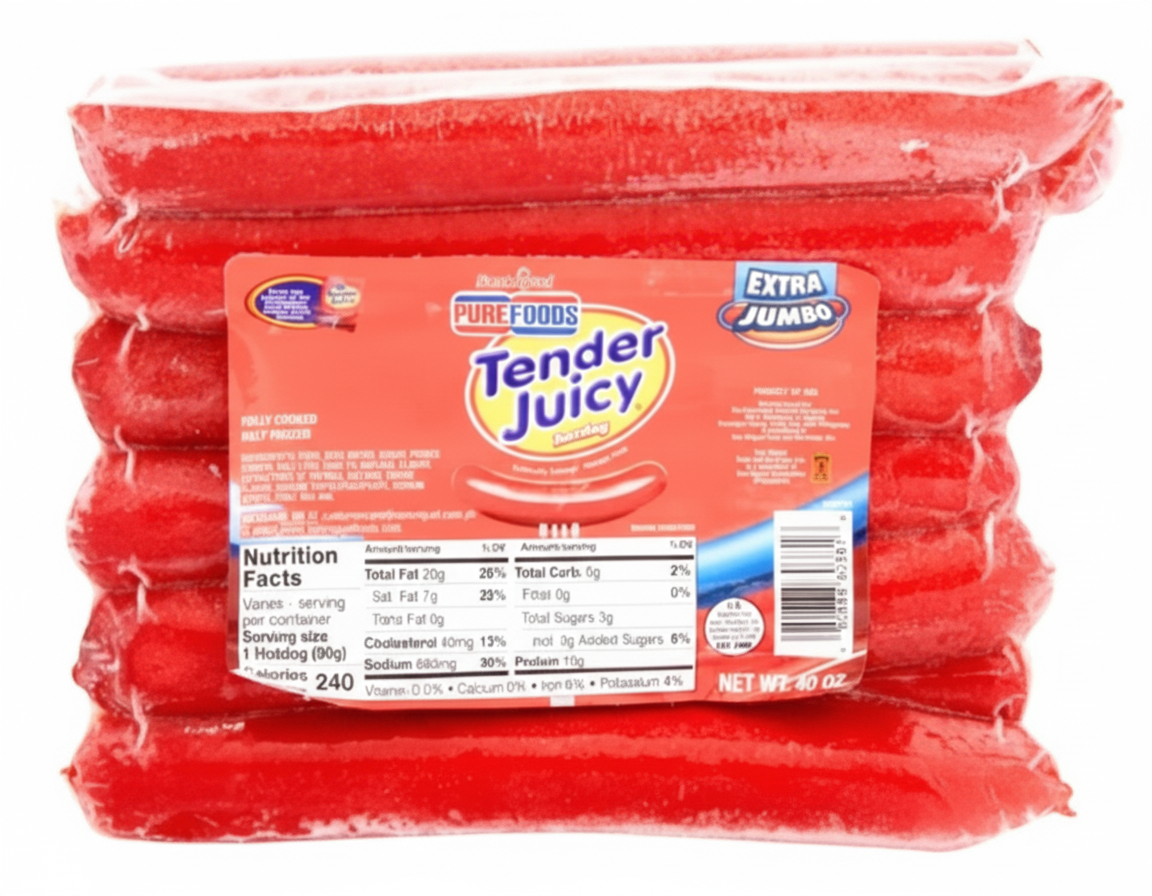 Stack of red hot dogs in a clear plastic package with 'Tender Juicy' label on a white background.