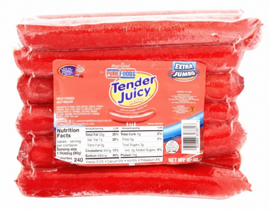 Stack of red hot dogs in a clear plastic package with 'Tender Juicy' label on a white background.