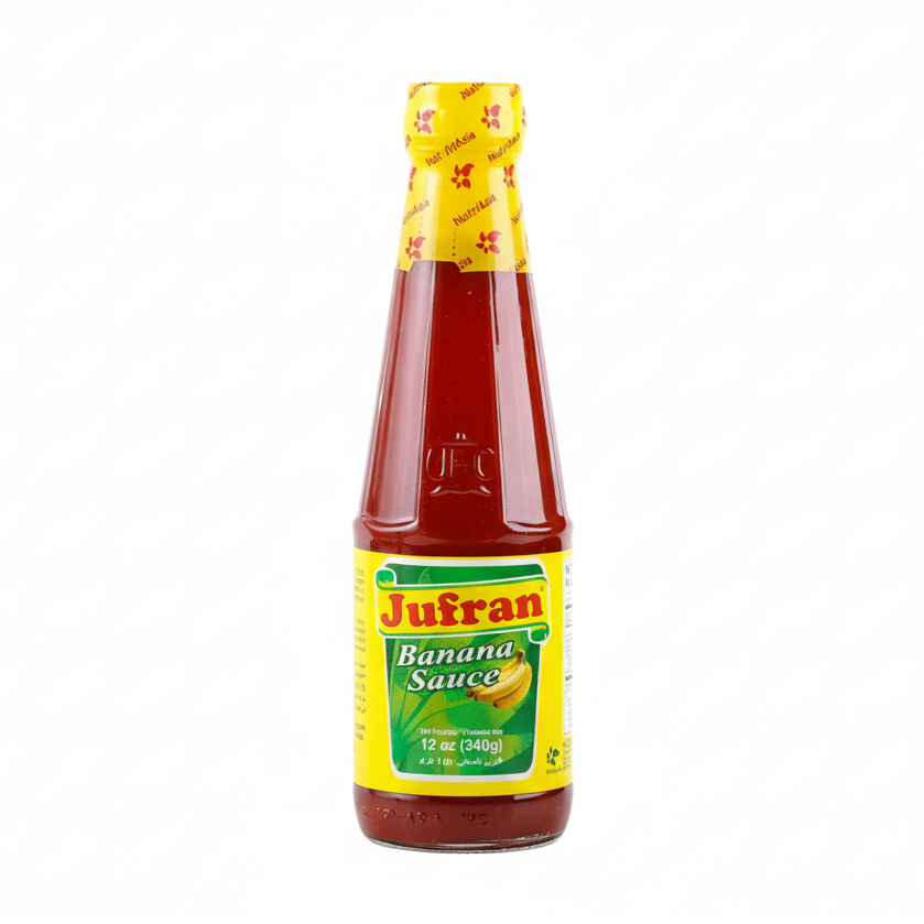 Bottle of Jufran Banana Sauce on a white background
