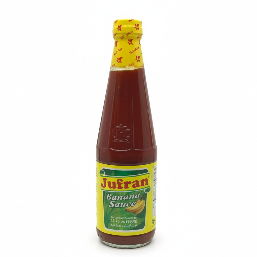 Bottle of Jufran Banana Sauce on a white background