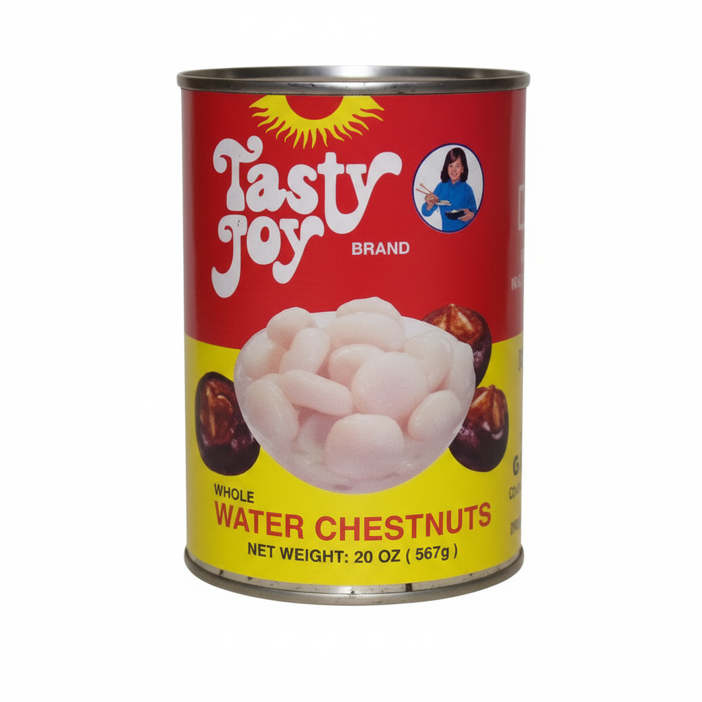 Tasty Joy brand can of whole water chestnuts on a white background