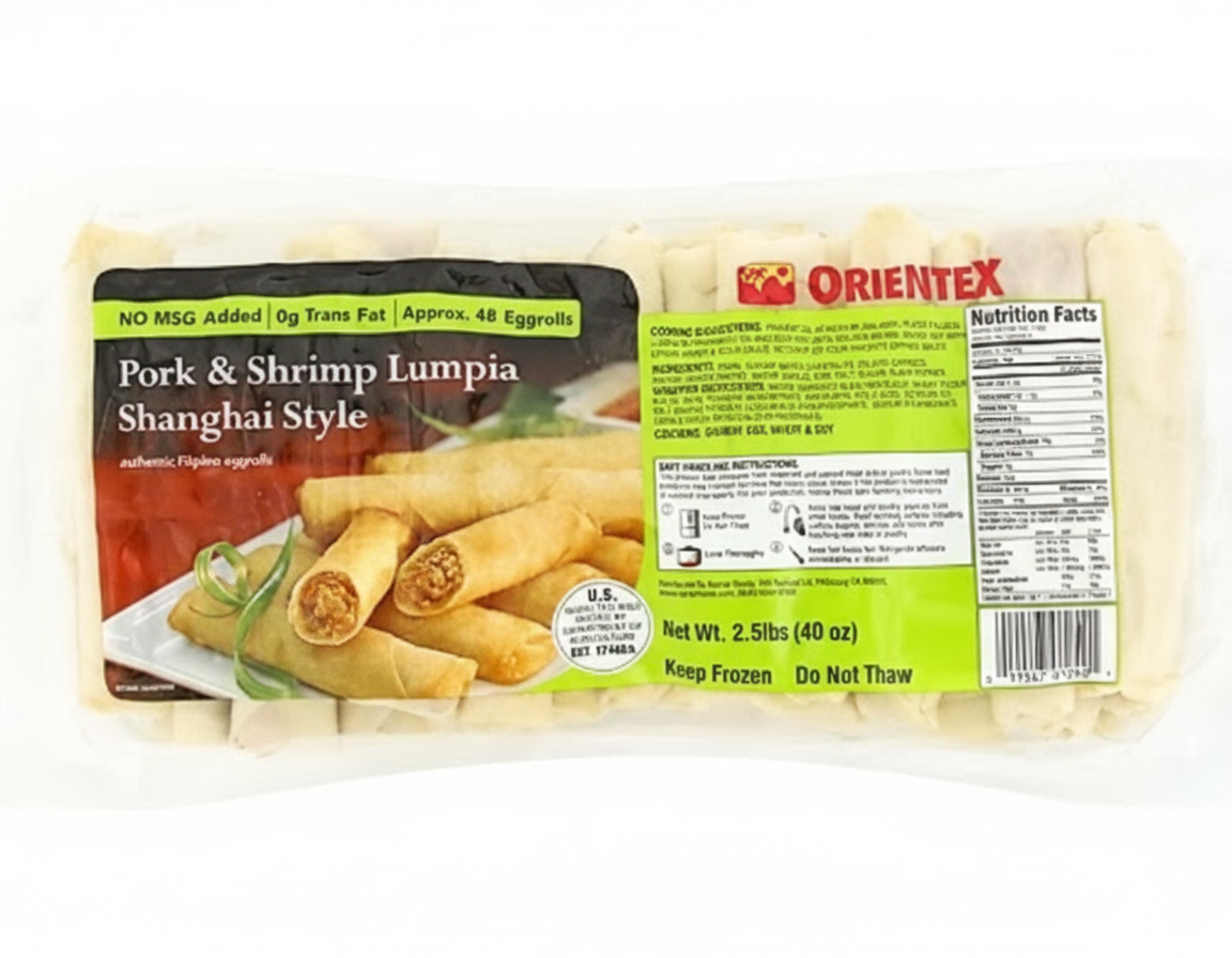 Packaged pork and shrimp lumpia with Orientex branding on a white background