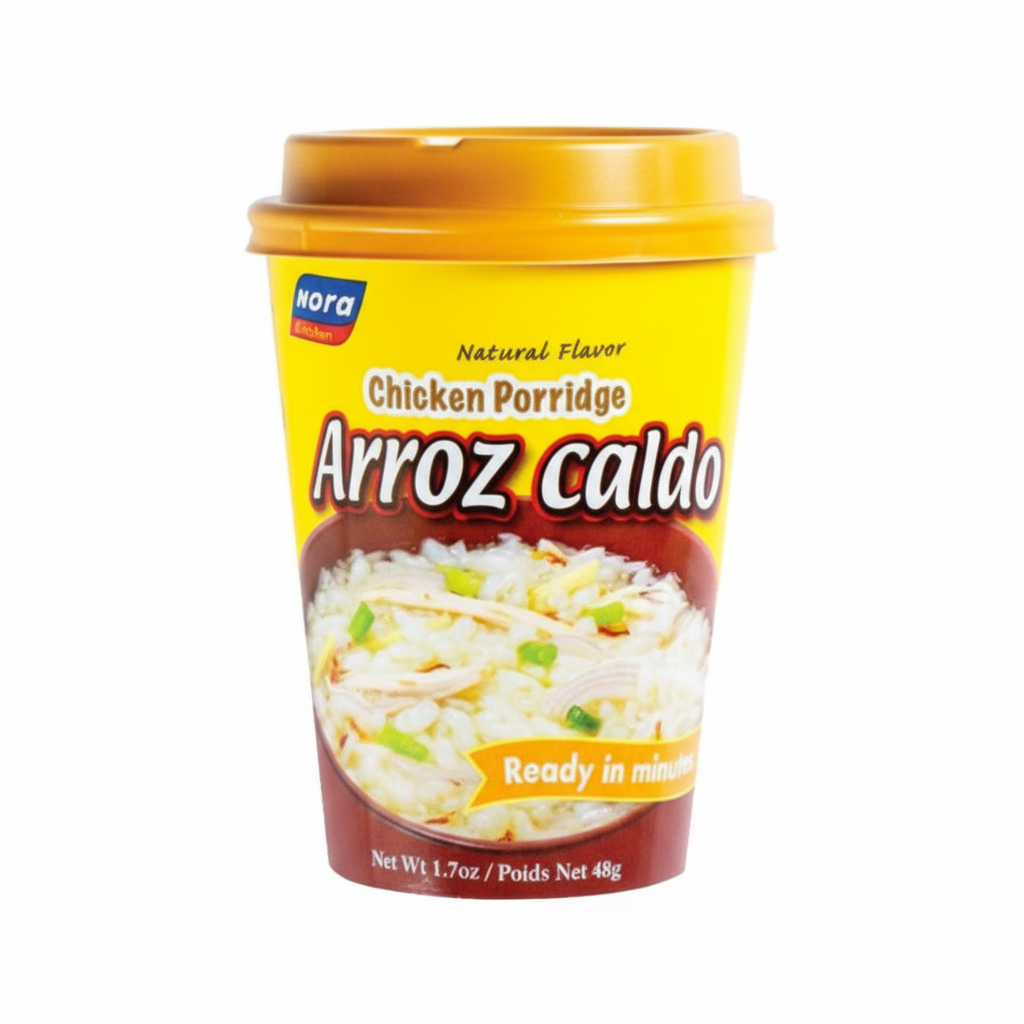 Nora Chicken Porridge Arroz Caldo container with yellow lid on a white background