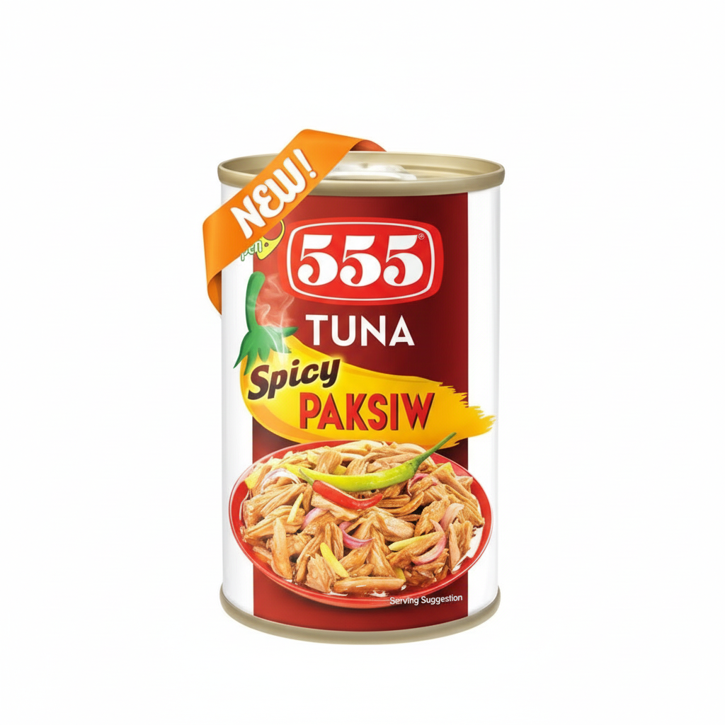 Can of 555 Tuna Spicy Paksiw with a red label and gold lid on a white background.