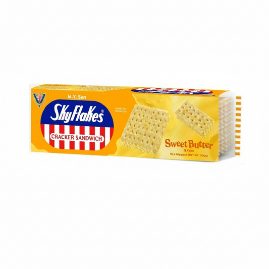 Box of SkyFlakes Sweet Butter cracker sandwich on a white background