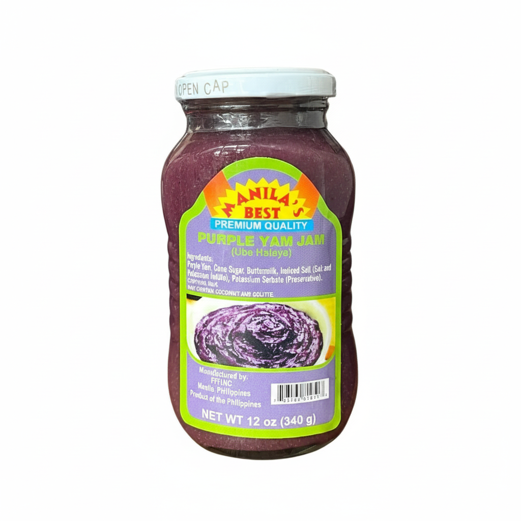 Jar of purple yam jam with a colorful label on a white background