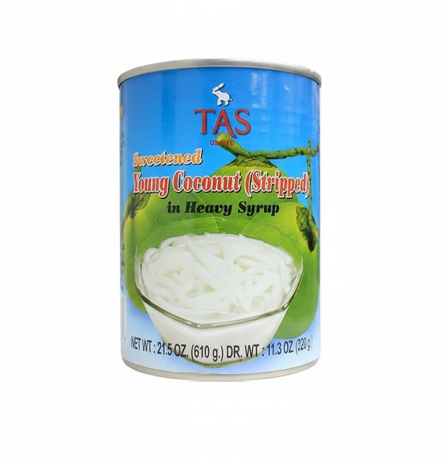 Can of TAS Young Coconut Stripped in Heavy Syrup on a white background