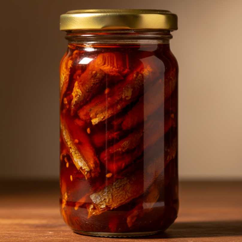 Jar of 555 Gourmet Tuyo Dried Herring in Oil on a white background with 'Kabayan Filipino Store' branding.