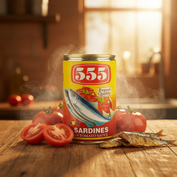 Can of 555 hot sardines in tomato sauce with a visible brand logo on a white background.