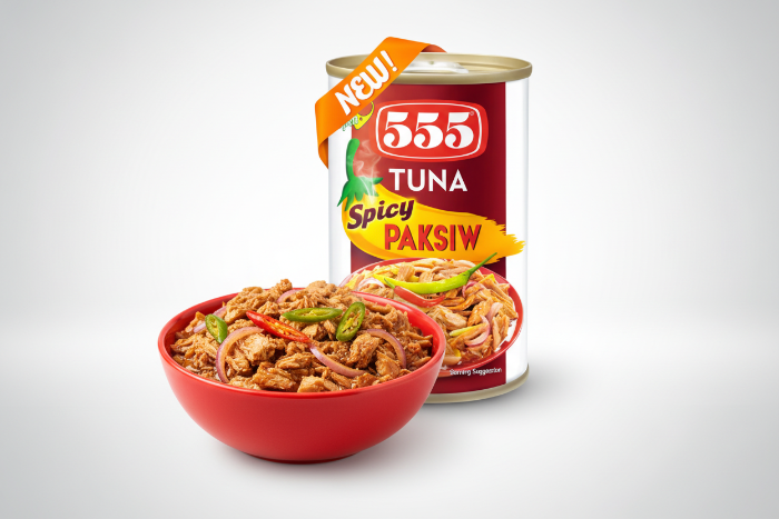 Can of 555 Tuna Spicy Paksiw with 'NEW!' label on a white background
