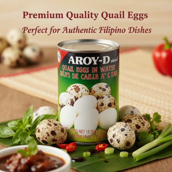 Can of Aroy-D quail eggs on a white background with 'Kabayan Filipino Store' branding.