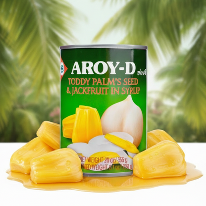 Can of Aroy-D Toddy Palm's Seed & Jackfruit in Syrup with Kabayan logo.