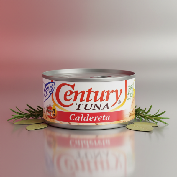 Can of Century Tuna Caldereta with Kabayan logo on a white background