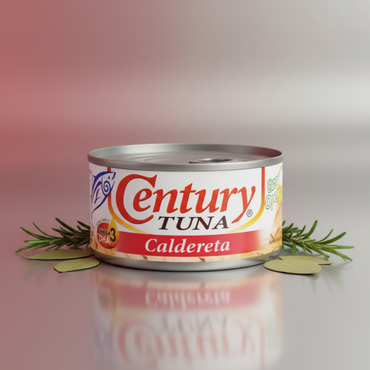 Can of Century Tuna Caldereta with Kabayan logo on a white background