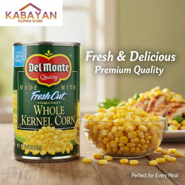 Can of Del Monte whole kernel corn on a white background