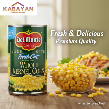 Can of Del Monte whole kernel corn on a white background