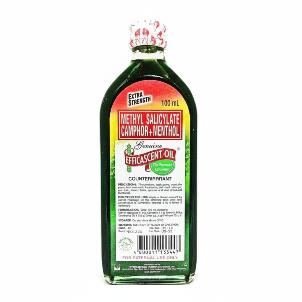 Bottle of Methyl Salicylate Camphor Menthol oil with label on a white background
