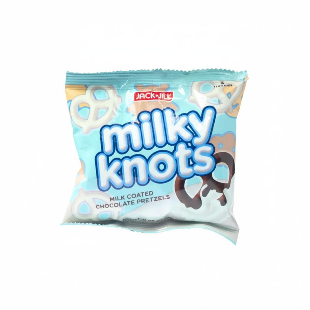Packaging of Jacknife Milky Knots milk coated chocolate pretzels on a white background