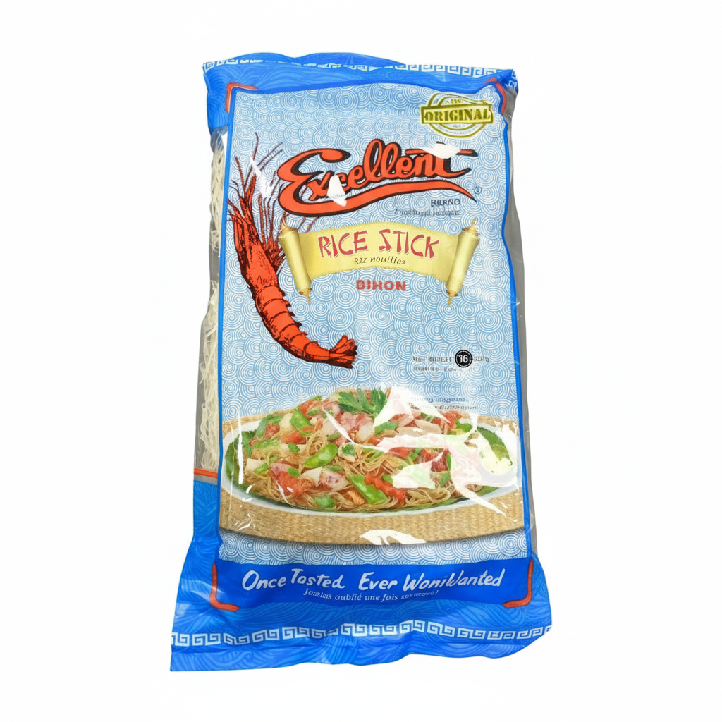 Package of Excellent rice stick with a shrimp illustration on a white background