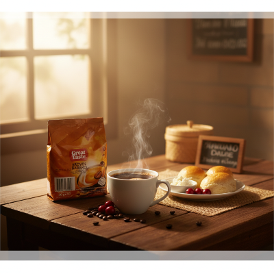 Great Taste Brown Barako coffee package on a white background with Kabayan logo.