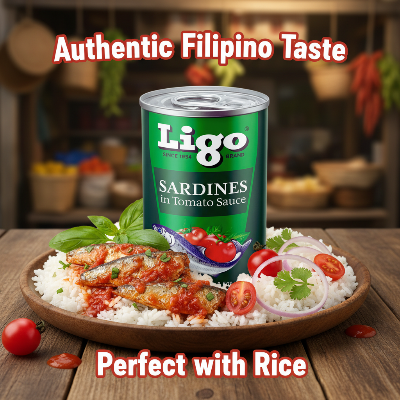 Can of Ligo Sardines in Tomato Sauce on a white background