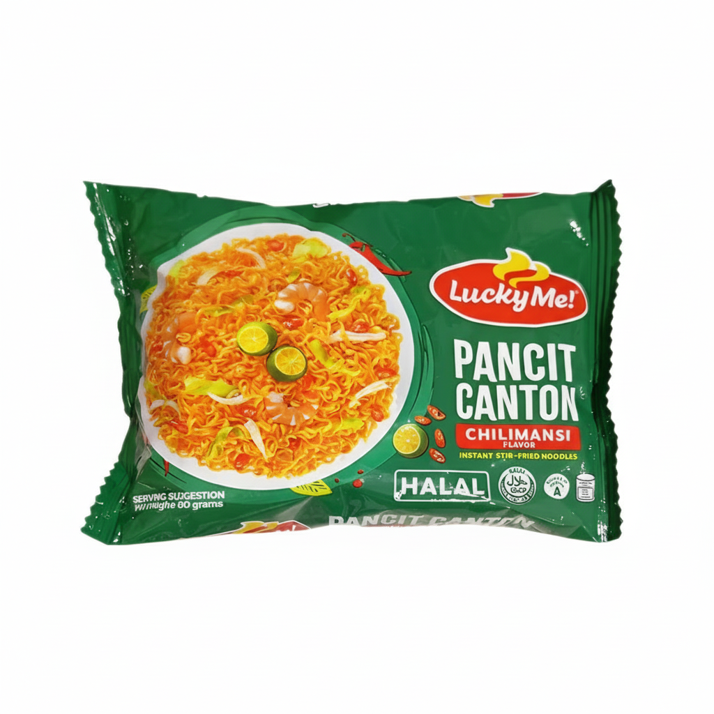 Lucky Me! Pancit Canton Chilimansi flavor packaging on a white background