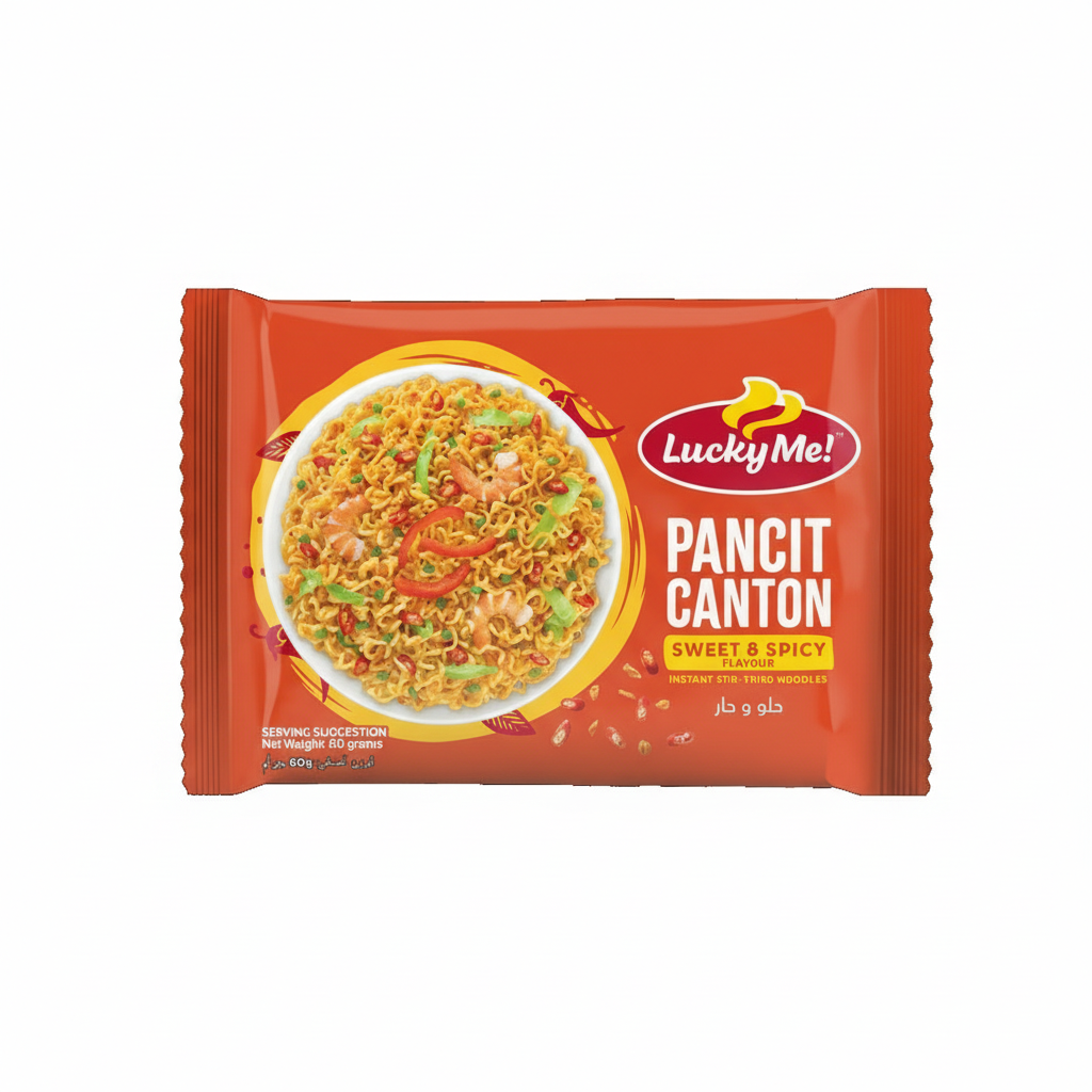 Lucky Me Pancit Canton package with a colorful label on a white background