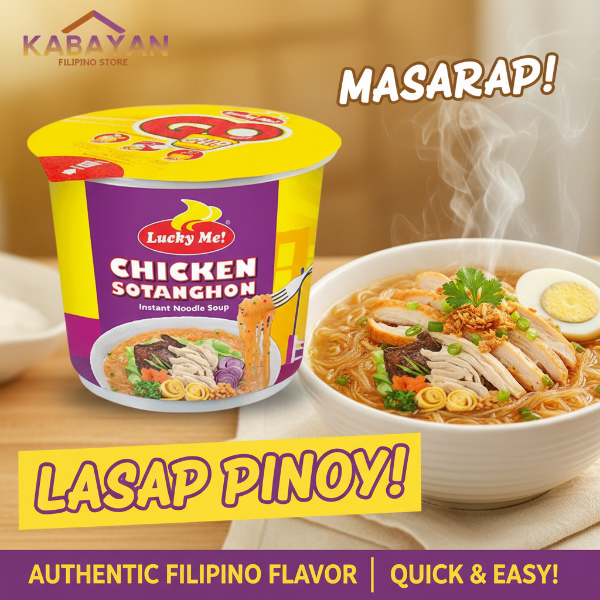 Lucky Me! Chicken Sotanghon instant noodle soup packaging with Kabayan logo.
