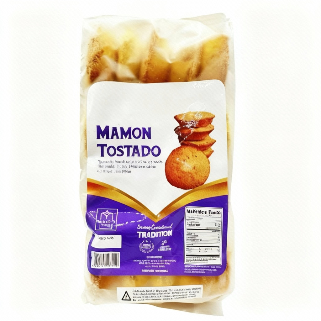 Packaged food item with 'Mamon Tostado' label on a white background