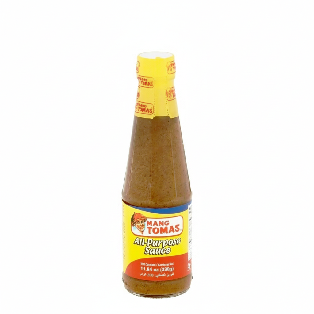 Bottle of Mang Tomas All Purpose Sauce on a white background