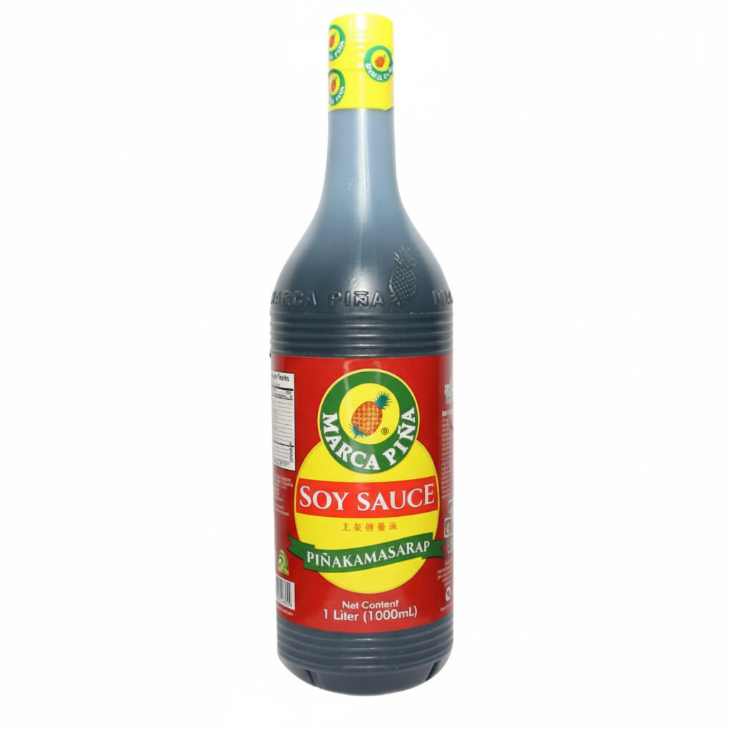 Bottle of soy sauce with a red label on a white background