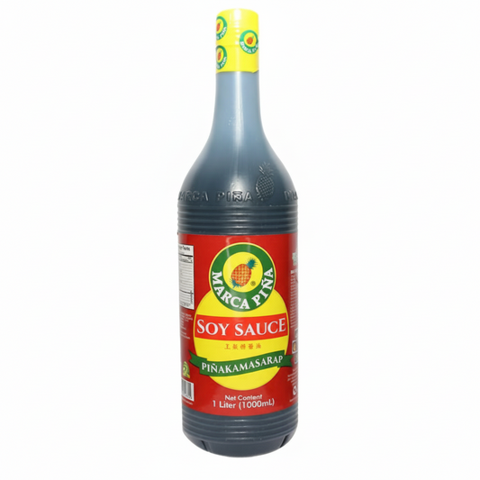 Bottle of soy sauce with a red label on a white background
