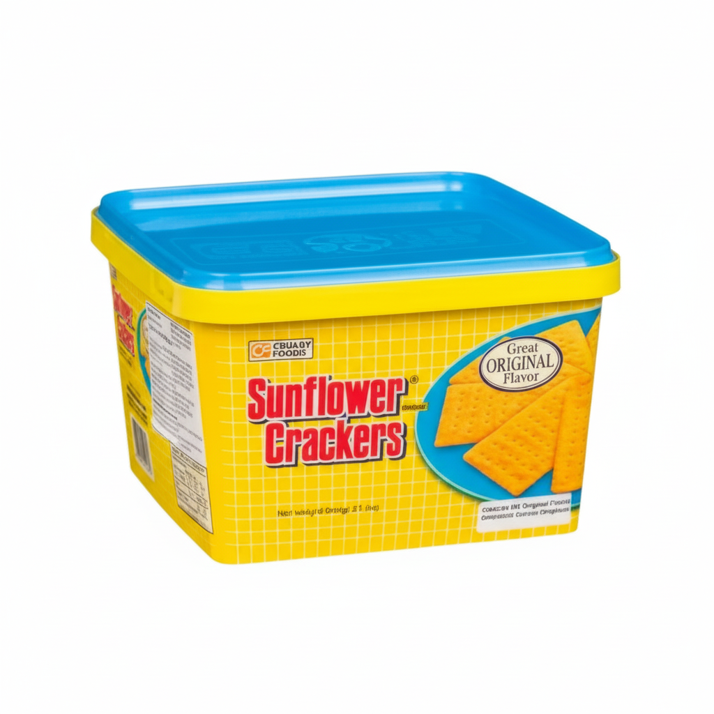 Yellow container of Sunflower Crackers with blue lid on a white background