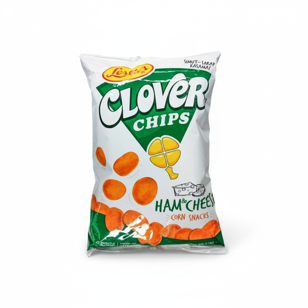 Bag of Clover Chips with Ham & Cheese flavor on a white background