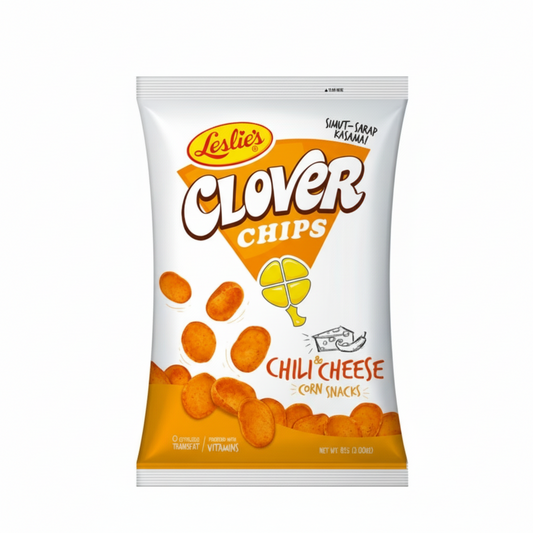 Package of Leslie's Clover Chips Chili Cheese flavor on a white background