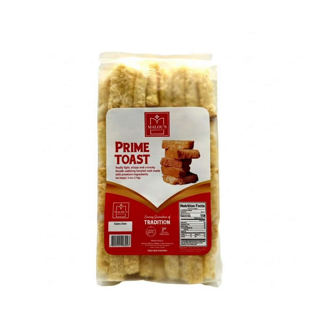 Packaged Prime Toast with Malou's Bakery branding on a white background