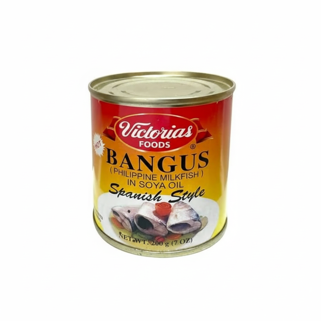 Can of Victorias Foods Bangus in Soya Oil on a white background