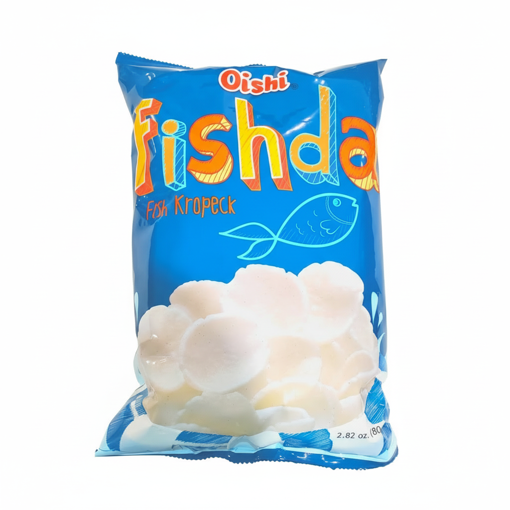 Oishi Fishda fish krupuk packaging on a white background