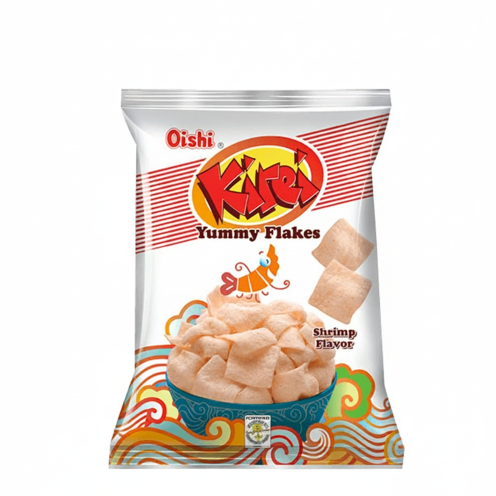 Oishi Kared Yummy Flakes Shrimp Flavor packaging on a white background