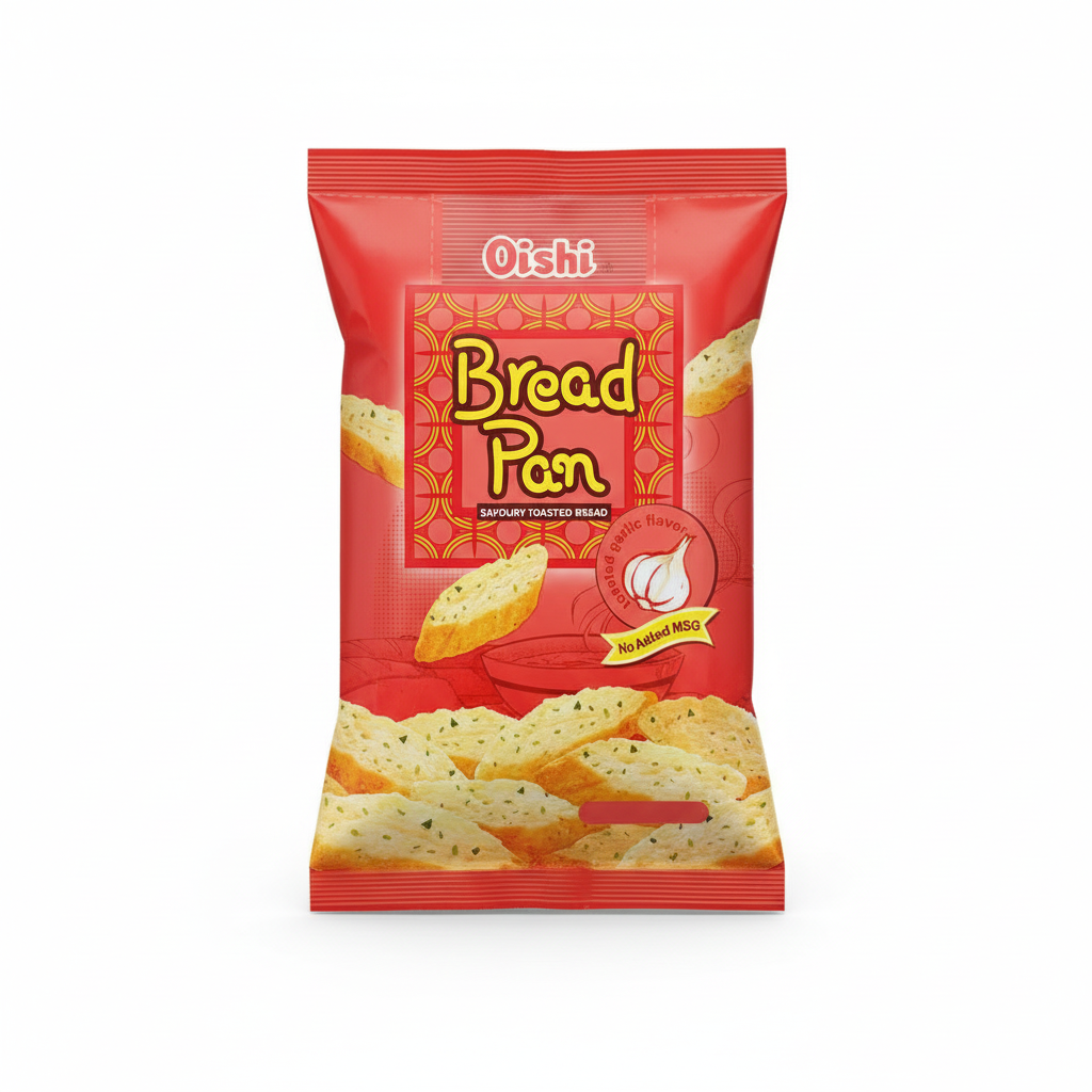 Oishi Bread Pan snack package on a white background
