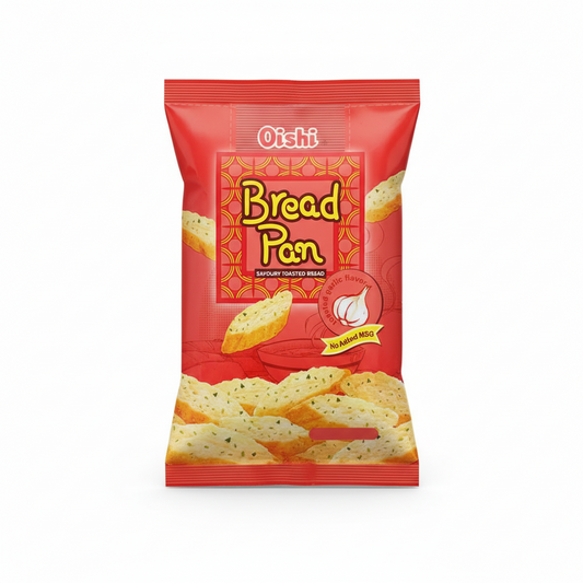 Oishi Bread Pan snack package on a white background