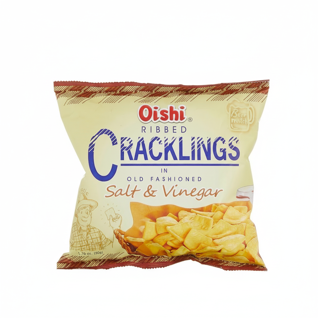 Bag of Oishi Ribbed Cracklings in Old Fashioned Salt & Vinegar flavor on a white background