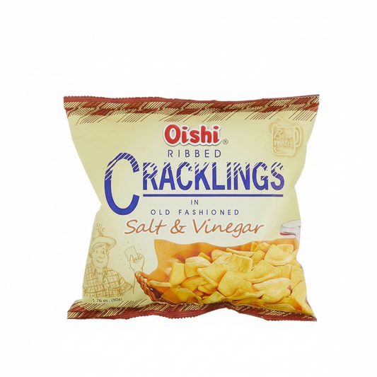 Bag of Oishi Ribbed Cracklings in Old Fashioned Salt & Vinegar flavor on a white background